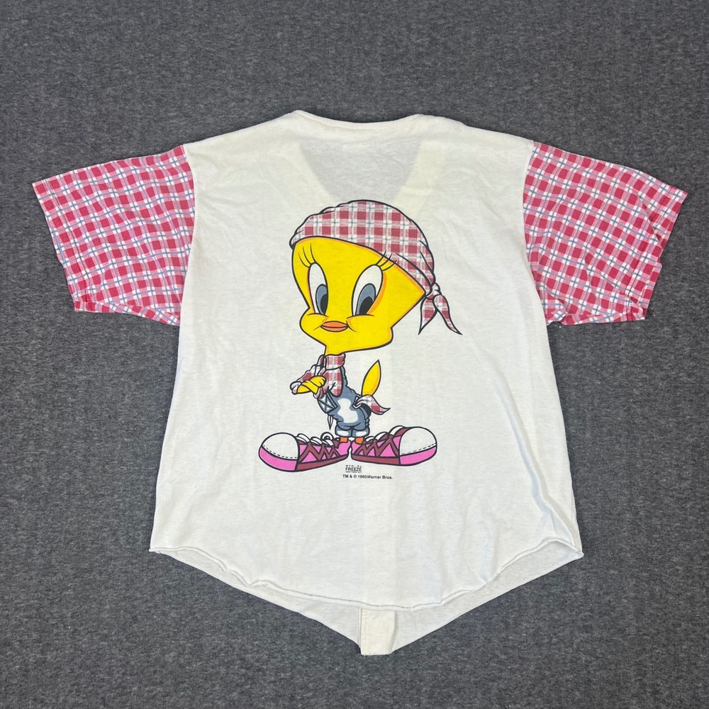 Vintage 1995 Tweety Bird AOP Jersey Shirt Womens XL White Plaid Cottagecore USA
